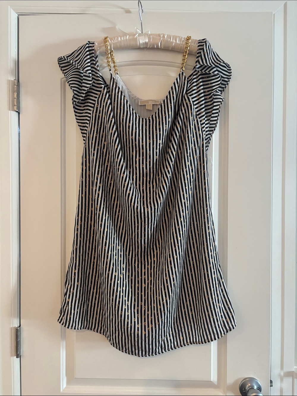 Michael Kors Black & White Striped Cowl Neck Camisole with Gold Chain Straps